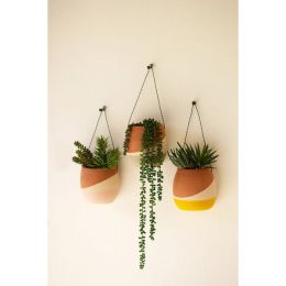 Set Of Three Clay Wall Pocket Planters With Wire Hangers