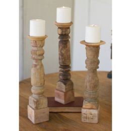 Set Of 3 Assorted Wooden Reclaimed Banister Candle Stands
