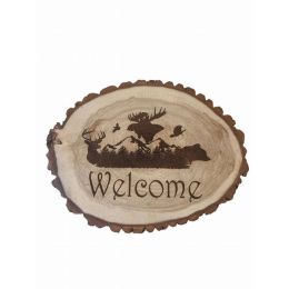 "Welcome" with Wildlife & Mountain Engraved Wood Slice wall hanging