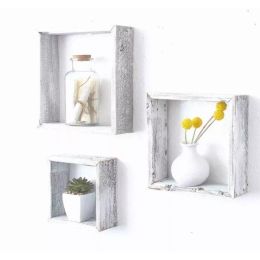 Set of 3 Square Rustic White Wash Wood Open Box Shelve