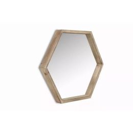 Modern Natural Wood Finish Hexagonal Wall Mirror