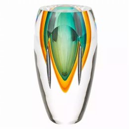 6" Mouth Blown Amber and Green Art Glass  Vase