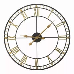 Oversized Vintage Style Metal Wall Clock  Black  Gold Numerals