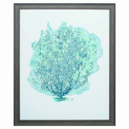 27" X 33" Distressed Wood Toned Frame Aqua Coral On White II