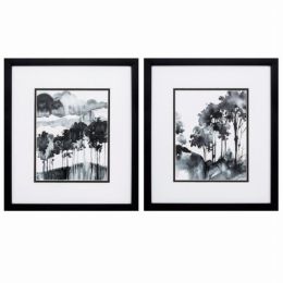 14" X 16" Silver Frame Ink Wash Trees (Set of 2)