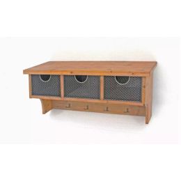 Brown Rustic Wooden Wall Shelf with 3 Drawers and Hooks