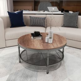 2-Tier Single Panel Round Coffee Table for Living Room and Bedroom, with 3D Texture Metal Frame and Mesh (Color: Walnut)