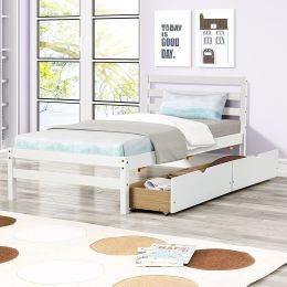 Betterhood Twin Platform Bed Frame with 2 Storage Drawers, Wood Twin Bed Frames for Kids Toddler Girls Boys, 10 Slats Support, No Box Spring Needed, E (Color: White)