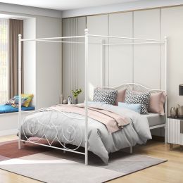 Metal Canopy Bed Frame with Vintage Style Headboard & Footboard Sturdy Steel Holds 400lbs Perfectly Fits Your Mattress Easy DIY Assembly All Parts Inc (Color: White, size: Full)