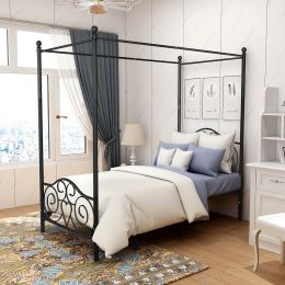 Metal Canopy Bed Frame with Vintage Style Headboard & Footboard Sturdy Steel Holds 400lbs Perfectly Fits Your Mattress Easy DIY Assembly All Parts Inc (Color: Black, size: Twin)