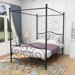 Metal Canopy Bed Frame with Vintage Style Headboard & Footboard Sturdy Steel Holds 400lbs Perfectly Fits Your Mattress Easy DIY Assembly All Parts Inc (Color: Black, size: Full)