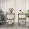 Farmhouse Square End Table, Wood Sofa Side Table with X-Shaped Metal Support, 3-Tier Storage Shelf for Living Room Bedroom Office, Gray Wash