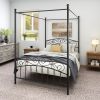 Metal Canopy Bed Frame with Ornate European Style Headboard & Footboard Perfectly Fits Your Mattress Easy DIY Assembly All Parts Included, Full Black
