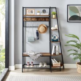 Good & Gracious Entryway Coat Rack/ Hall Tree with Bookshelves, Multiple Hooks, and Bench Seat (Color: brown)