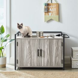 GOOD & GRACIOUS Hidden Cat Litter Box Furniture with Ventilation and Bench Seat, Pet Crate with Iron and Wood Sturdy Structure (Color: Gray)