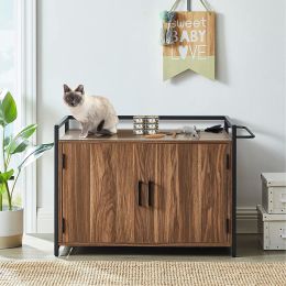 GOOD & GRACIOUS Hidden Cat Litter Box Furniture with Ventilation and Bench Seat, Pet Crate with Iron and Wood Sturdy Structure (Color: Walnut)
