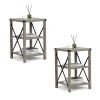 Farmhouse Square End Table, Wood Sofa Side Table with X-Shaped Metal Support, 3-Tier Storage Shelf for Living Room Bedroom Office, Gray Wash
