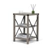 Farmhouse Square End Table, Wood Sofa Side Table with X-Shaped Metal Support, 3-Tier Storage Shelf for Living Room Bedroom Office, Gray Wash