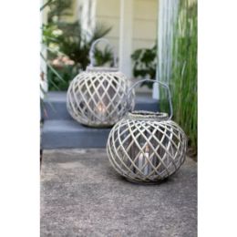 Low Round Grey Willow Lantern With Glass (Color: Sunset, Country of Manufacture: United States, Material: Glass)